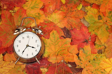Alarm clock and autumn leaves