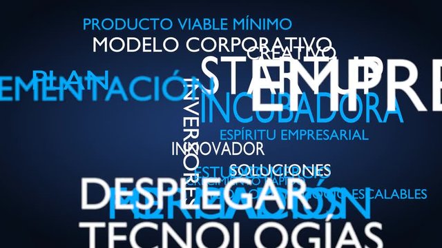 Startup, incubator word tag cloud - blue, Spanish variant, 3D rendering, UHD