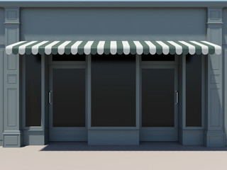 Classic shopfront with two doors, large windows and awnings