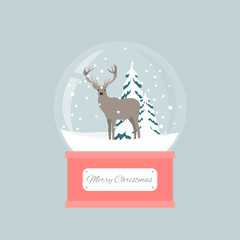 Merry christmas snow globe with a deer under the snow. New Year gift.