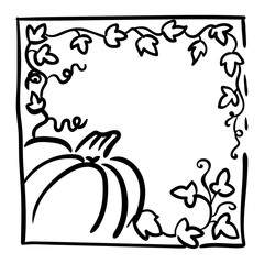 October 31 design element. Pumpkin, tendrils and large lobed leaves. Greeting or invitation card template, hand drawn sketchy illustration. Halloween party clip-art. Black and white, thick line sketch