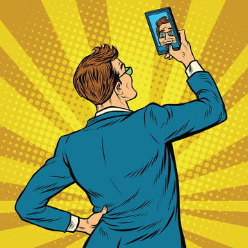 Retro man selfie on smartphone