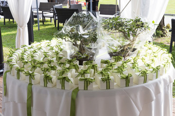 Restaurant with tables set for a wedding reception