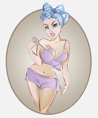 Pin up sexy woman with flower tattoo, vector illustration