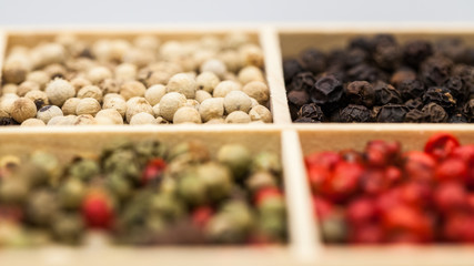 Different types of pepper: red, green dark and white