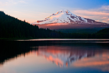 Mount Hood scene with reflection on Trillium lake in Oregon USA