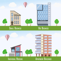 Commercial and Residential Real Estate signs, set of 4 buildings. Vector illustration