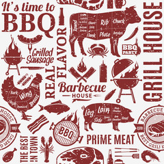 Retro styled typographic vector barbecue seamless pattern - obrazy, fototapety, plakaty