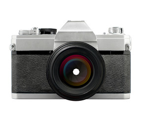 Front view of old film SLR camera with stopping down aperture lens 50mm