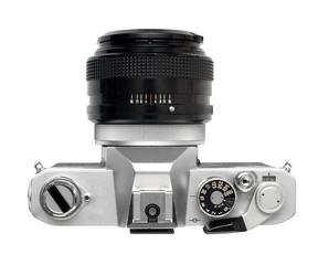 Top view of vintage SLR film camera with normal wide aperture manual focus lens