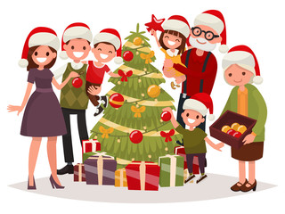 Big happy family decorates the Christmas tree. Vector illustrati