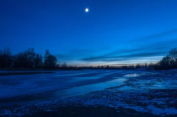 Door stickers Dark blue night landscape river ice
