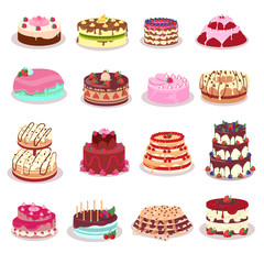 Set of Decorated Cakes Vector in Flat Design