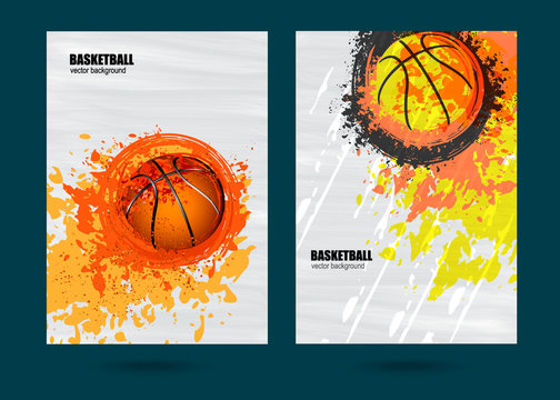 Vector illustration for a game of basketball. Set sports posters. The effect of the old banner. Grunge background. Fiery basketball. Spray and scratches. EPS file is layered.