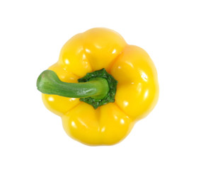 Ripe yellow bell pepper with green stem isolated on white background, close-up 