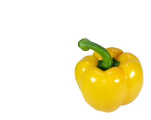One ripe yellow bell pepper with green stem isolated on white background, close-up 