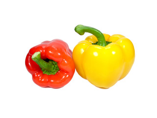 Two ripe bell peppers, one red and one yellow with green stem isolated on white background, close-up 