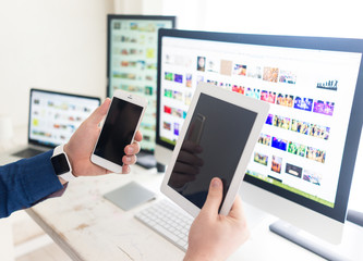 Using smart watch smartphone tablet laptop and computer