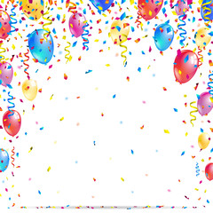 Bright celebration background with colorful balloons, confetti and party ribbons. Vector illustration.