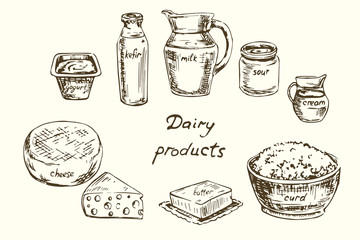 Dairy products set, Hand drawn vector illustration