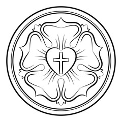 Luther rose monochrome calligraphic illustration. Also Luther seal, symbol of Lutheranism. Expression of theology and faith of Martin Luther, consisting of a cross, an heart, a single rose and a ring.