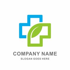 Medical Pharmacy Geometric Cross Herbal Green Leaf  Vector Logo Design Template