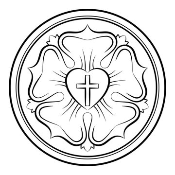 Luther rose monochrome calligraphic illustration. Also Luther seal, symbol of Lutheranism. Expression of theology and faith of Martin Luther, consisting of a cross, an heart, a single rose and a ring.