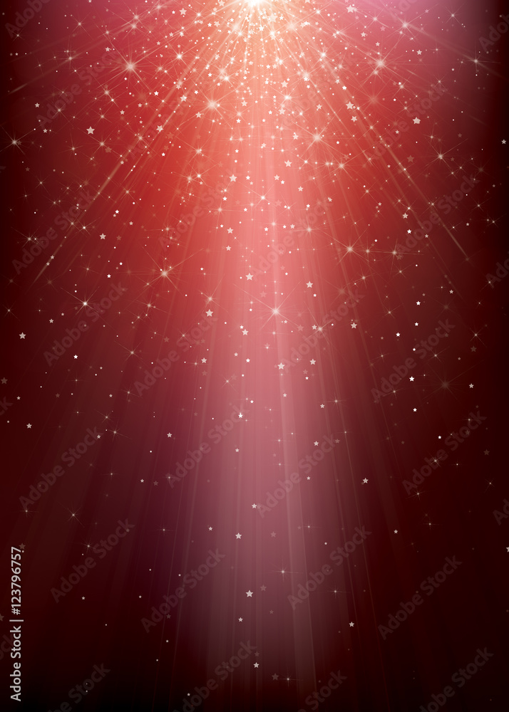 Poster vector sparkle red background with rays, stars and lights.