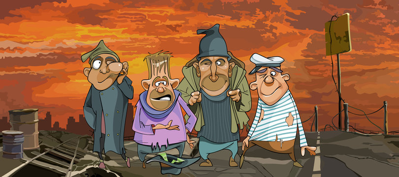 cartoon funny homeless men in ragged clothes in ruins