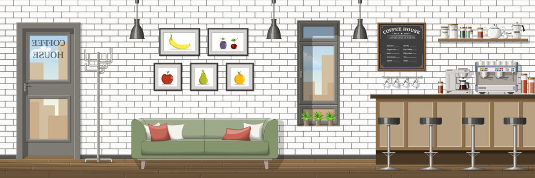 Illustration of a modern coffee shop, panorama