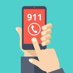 Call 911, emergency call concept. Hand holding smartphone, finger touching call button. Modern flat design vector illustration