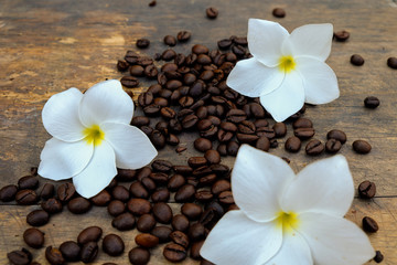 Coffee beans on wood table