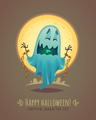 Funny ghost in scary posture. Halloween cartoon character concept. Vector illustration.