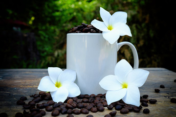 Fototapeta na wymiar Coffee beans in a cup on wood table.
