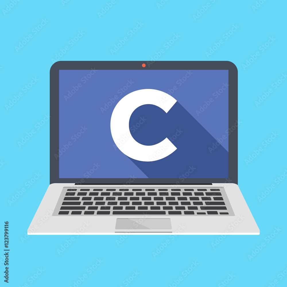 Poster laptop with c letter on screen. learn c programming language concept. modern long shadow flat design