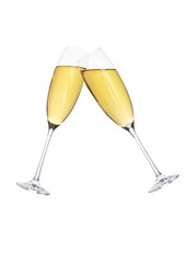 Glasses of sparkling champagne in motion for party