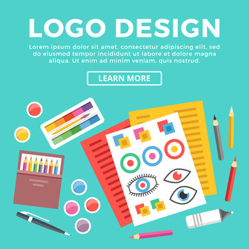 Logo design web banner. Paper sheets with logotypes sketches, pen and pencils, brush and paints and other drawing supplies. Creative process of logo creation concept. Modern vector flat illustration
