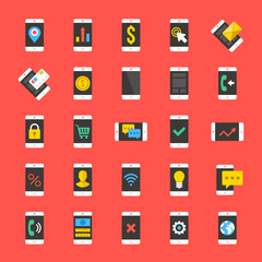 Smartphones icons set. Technology, business, mobile banking, shopping, e-commerce, social networking concepts. White cell phones collection. Modern flat design vector icons