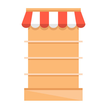 Retail store shelves with red awning. Grocery store equipment. Flat vector illustration