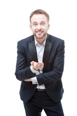 Young bearded businessman explaining something to you. Isolated on white.