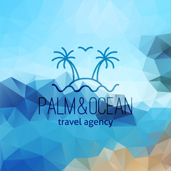 Fototapeta na wymiar travel agency logo on polygon seascape background, palms on island and wave