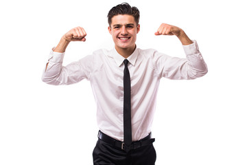 Young man with victory gesture and emotions on white
