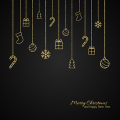 Fototapeta na wymiar Flat Christmas greeting card with gold baubles. Black background
