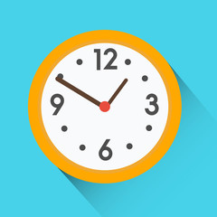 Yellow round clock on blue background. Flat vector icon with long shadow