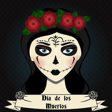 Girl with sugar skull calavera make up. Mexican day of dead vector illustration. Dia de los Muertos greeting card