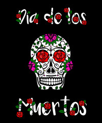 Sugar skull calavera. Mexican day of dead vector illustration. Dia de los Muertos greeting card, banner