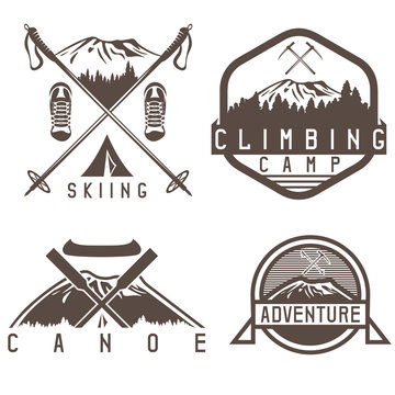 skiing , canoe and adventure camp vintage labels set