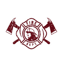 grunge emblem of fire department with fireman - obrazy, fototapety, plakaty
