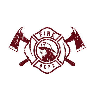 grunge emblem of fire department with fireman