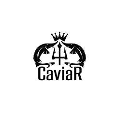 caviar grunge vector emblem with sturgeons , crown and trident